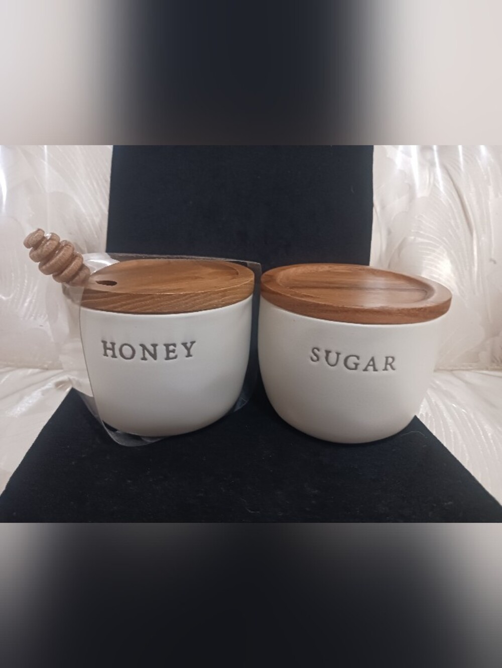 Heath And Hand Ceramic Sugar & Honey Canisters with Wooden Lids - Picture 6 of 7